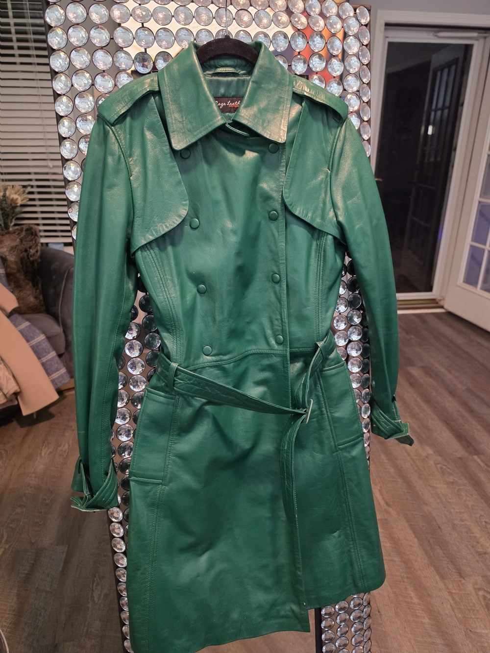 Soft  Women's Emerald  Green Leather Trench Coat with Belt